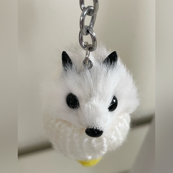 White Animal Keychain with Yellow Pom Pom in Mini Knitted Hat - Picture 7 of 11